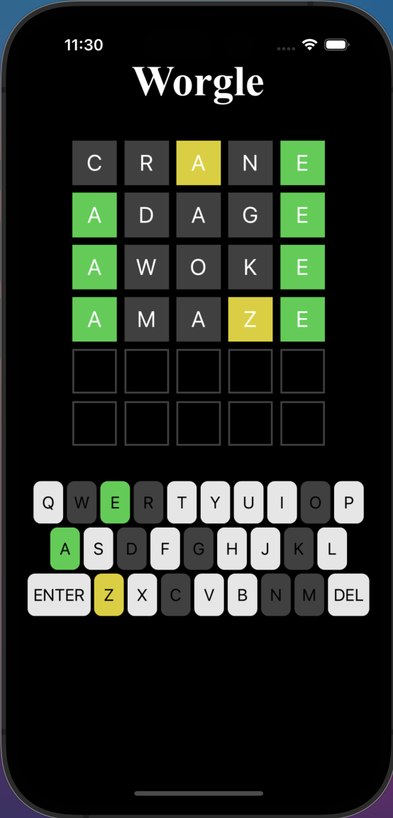 Screenshot of the Wordle application running on iOS